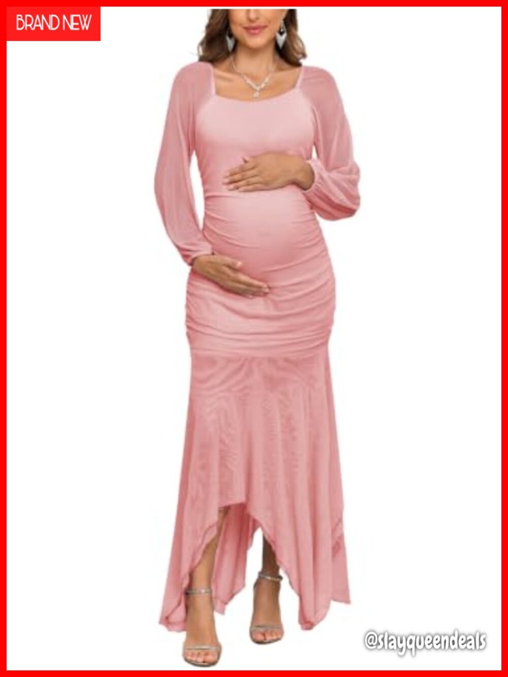 Maternity Ruched Maxi Dress Mesh Bodycon Mermaid Handkerchief Hem Gown